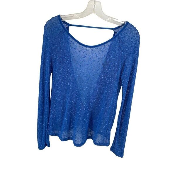 Paper Crane Womens Long Sleeeve Blouse Top Sheer Open Back Stretch Blue Small - Picture 9 of 9